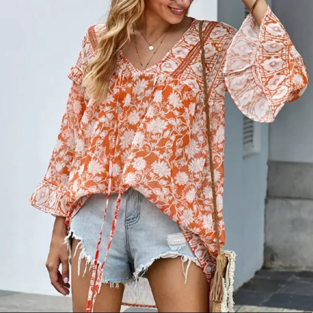 SOLD OUT Boho Orange Floral Chiffon Tunic Blouse - Picture 3 of 4